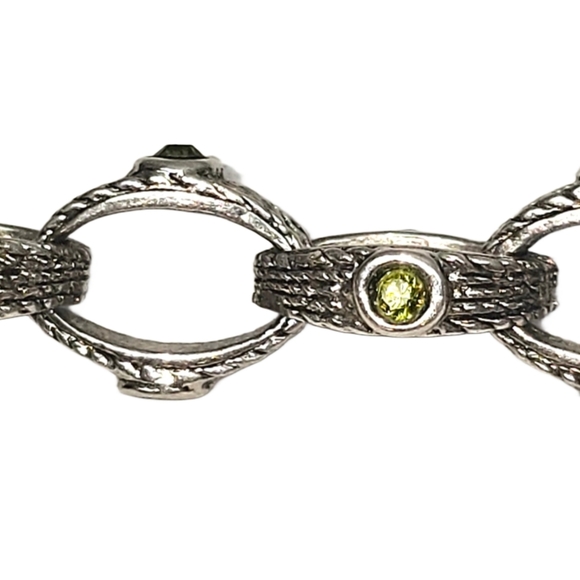 Silvertone Chain Link Bracelet w/Bright Green Stones | Braided Patterned Links - Picture 1 of 16